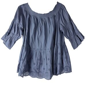 Lane Bryant Blue Eyelet Cotton Blend Blouse 18/20 Off Shoulder Smocked Peasant